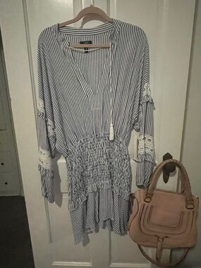 Aqua Navy and White Striped Smocked Waist Dress